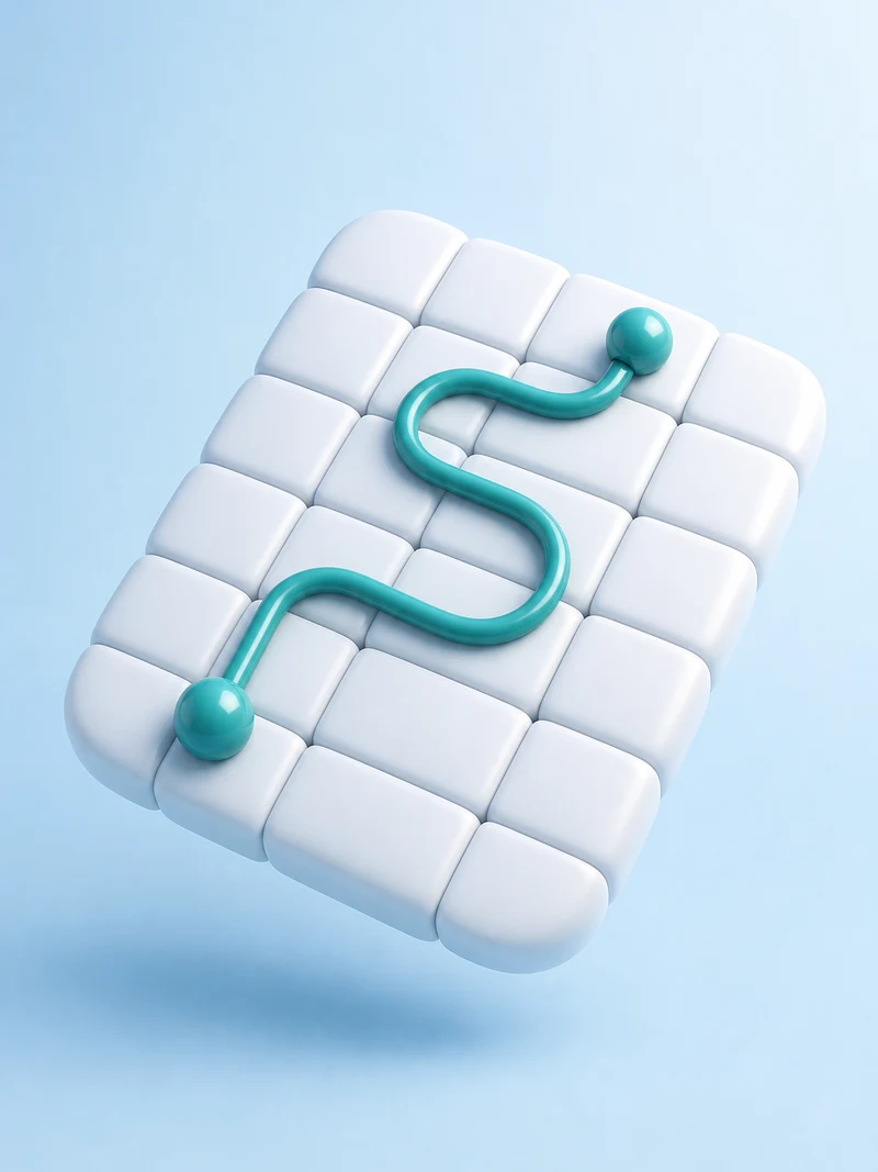 A glossy solved Linelet board floating at a slight angle, one continuous teal path winding between two shiny sphere nodes on a pale blue background