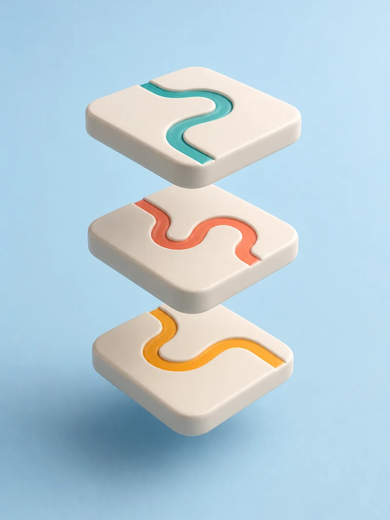 Three glossy puzzle boards floating one above another, each with a different coloured candy-like path curving across it in teal, coral and amber, on a pale blue background