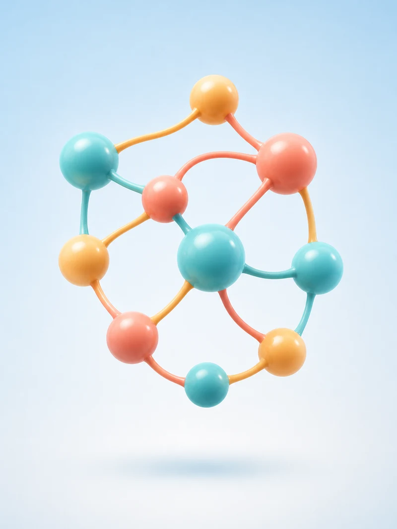 A cluster of glossy rounded sphere nodes in teal, coral and amber joined by smooth curving tubes, floating like a calm constellation on a pale blue background