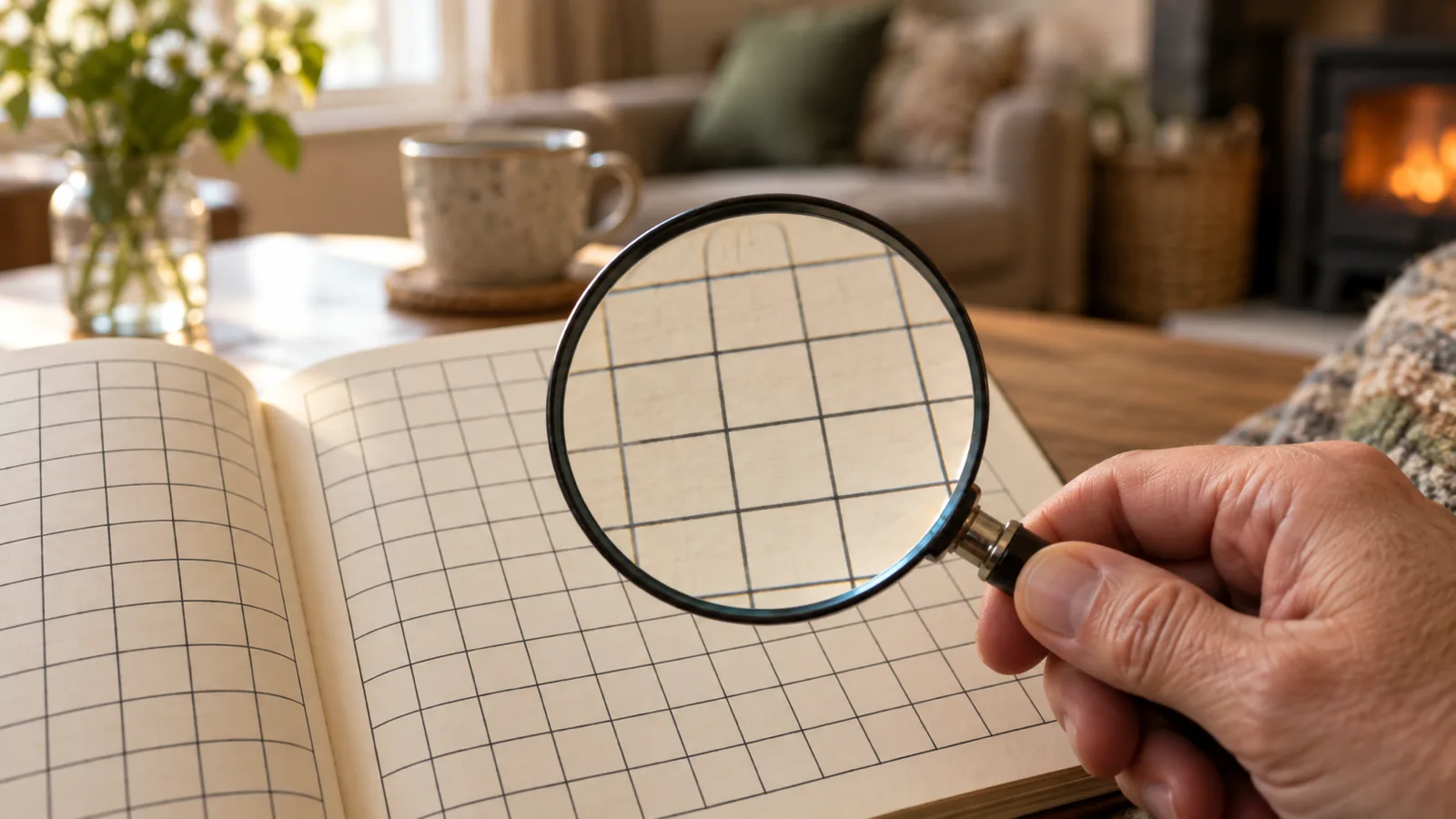 A hand holding a magnifying glass over a large print grid page, helpful for brain teaser habits for older adults.