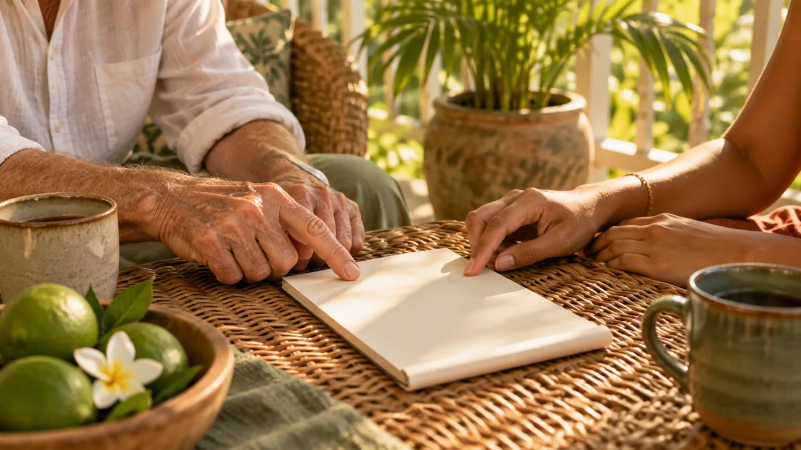 Two generations of hands over a notepad on a porch table, a warm brain teaser habit for older adults.