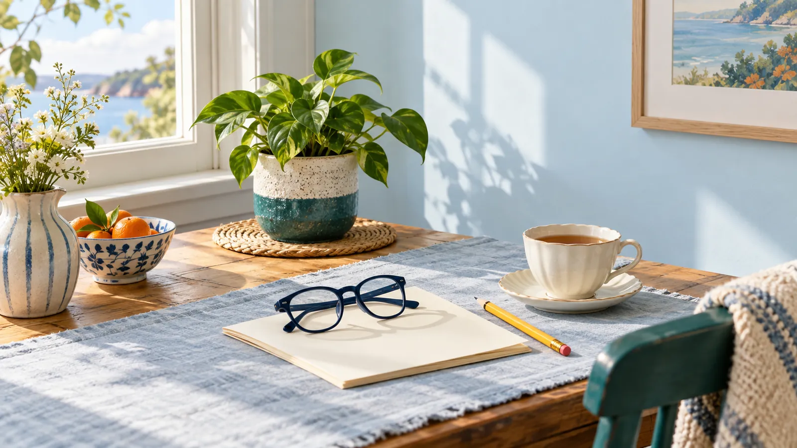 A comfortable spot for brain teasers: a sunny wooden table by a window with a blank notepad, reading glasses, a pencil and a cup of tea