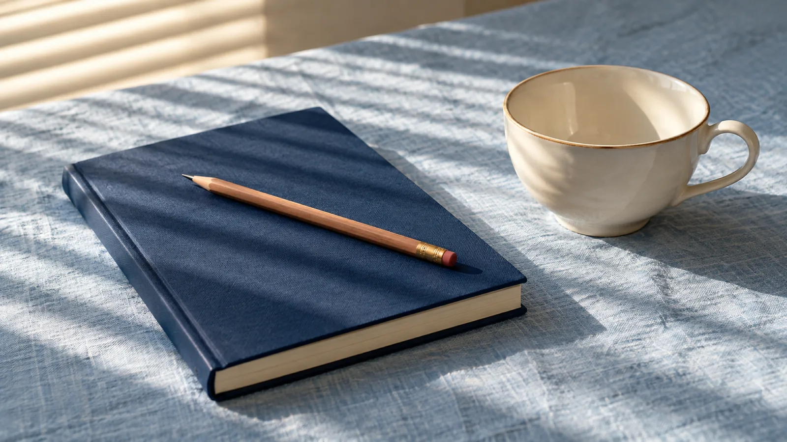 A closed notebook with a pencil on top and an empty teacup, a calm daily puzzle routine kept short.