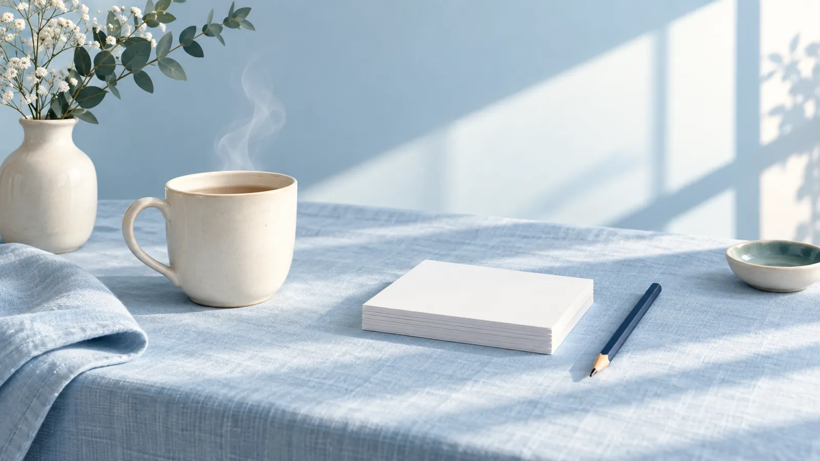 A daily puzzle routine set up: a white mug of steaming tea, a small stack of blank white cards and a navy pencil on a pale blue linen tablecloth in morning window light