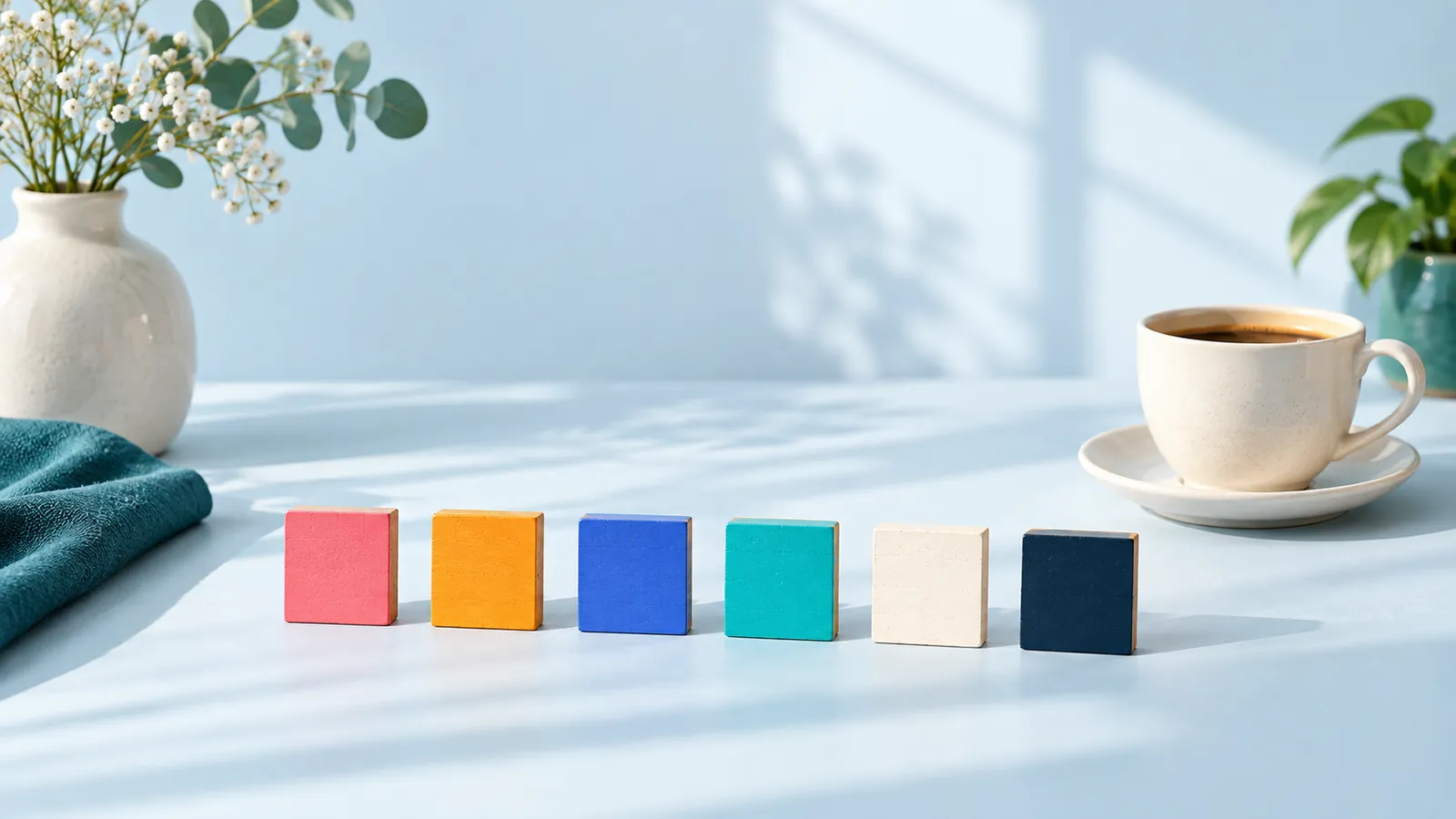 Six small blank wooden tiles in pink, orange, blue, teal, cream and navy on a pale blue table beside a cup of coffee, a calm setup for daily puzzle games like Wordle