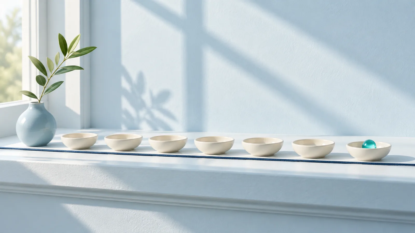 A row of seven small cream dishes on a sunny pale blue windowsill, the last one holding a single teal marble, one small thing for each day