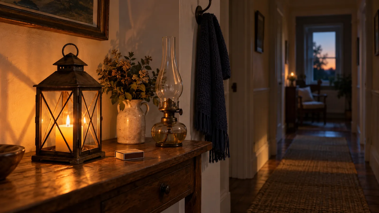 A glowing candle lantern on a hallway table beside a box of matches and an unlit oil lamp.