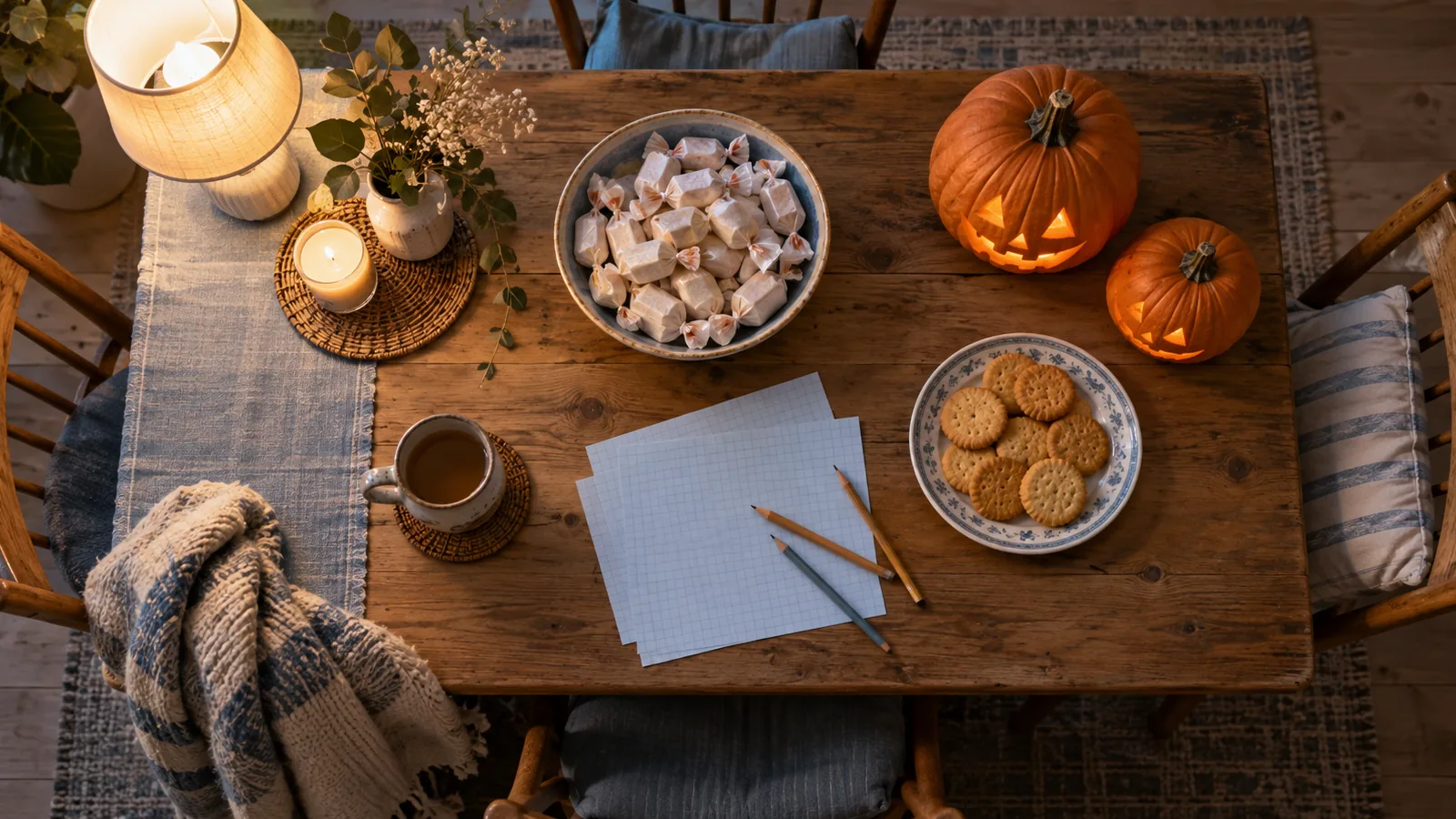 Squared paper and pencils on a kitchen table with a bowl of sweets and small carved pumpkins, ready for a puzzle game.