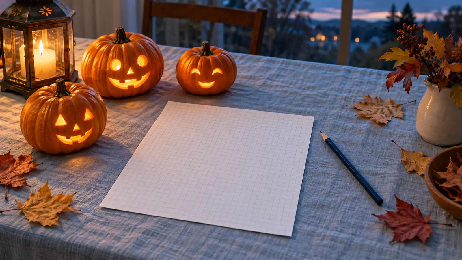 Small carved pumpkins, a sheet of squared paper and a navy pencil on a pale blue table, with warm lantern light and autumn leaves