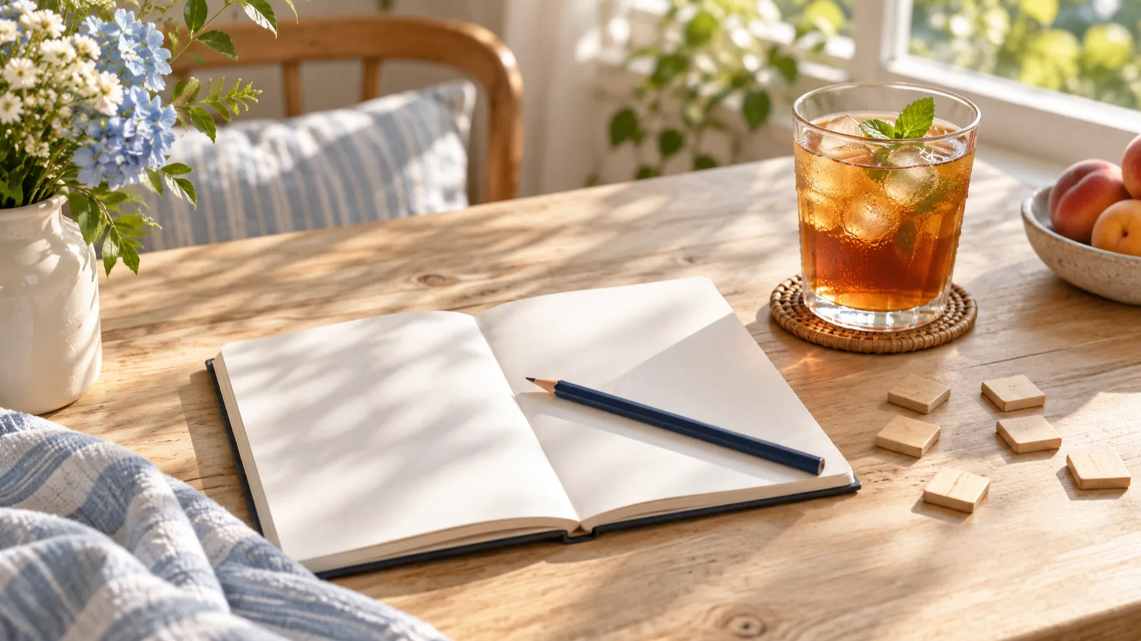 A blank notebook, a navy pencil and face down wooden tiles on a pale kitchen table beside iced tea.