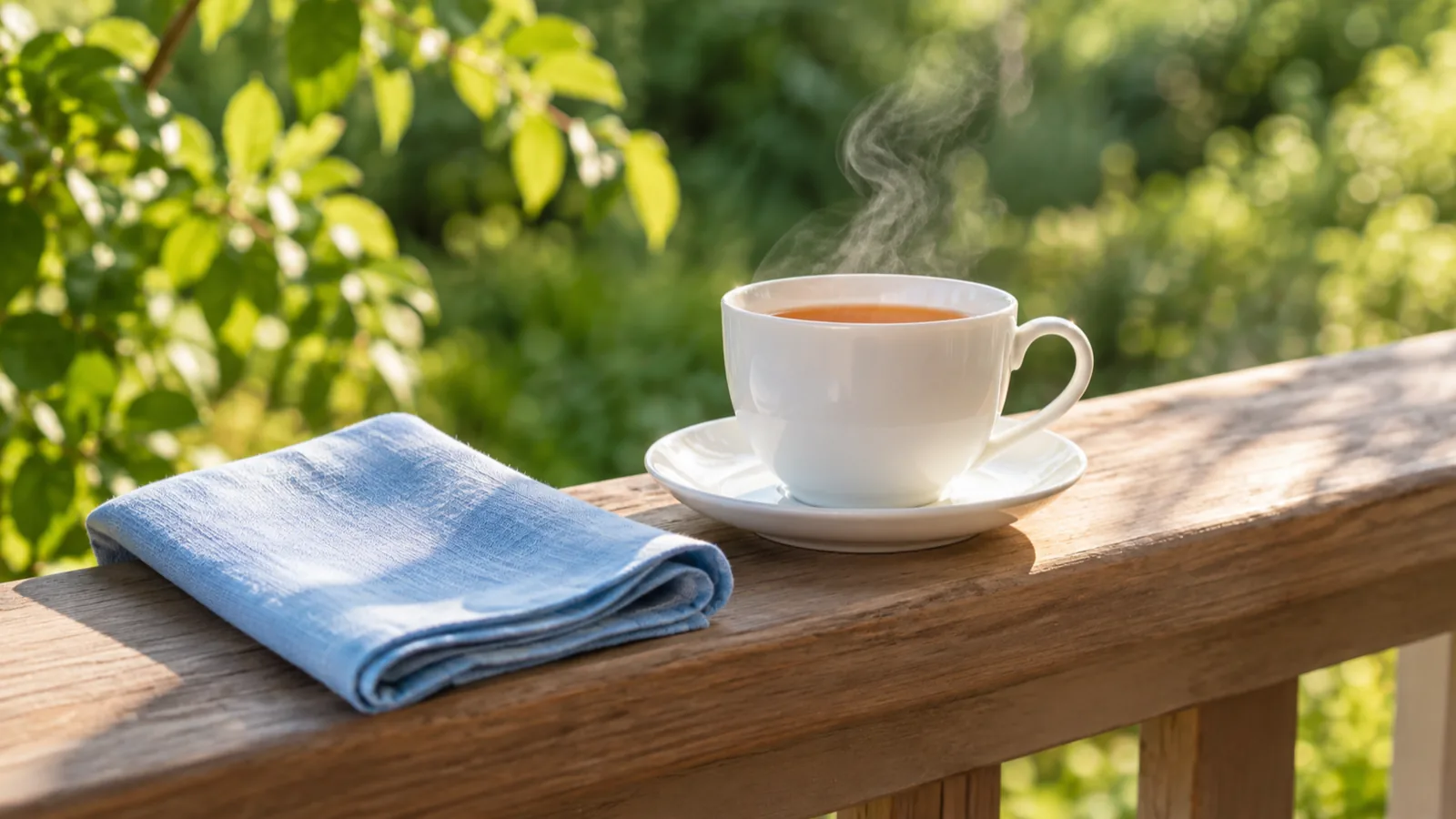 A steaming white teacup on a sunny veranda rail with a pale blue napkin and garden leaves behind.