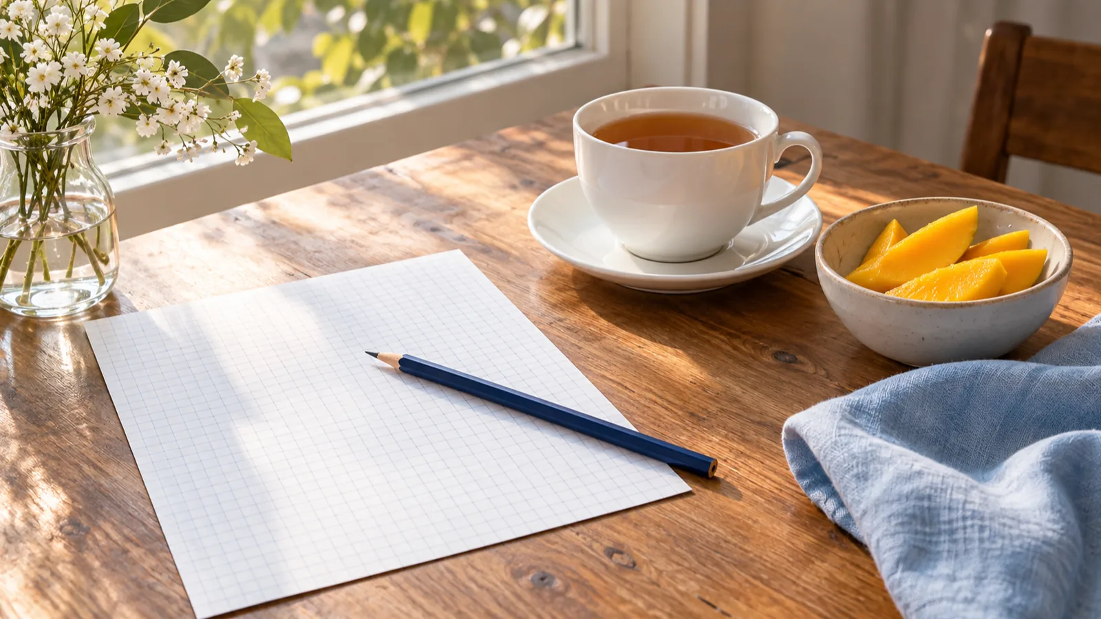A navy pencil on blank squared paper beside a cup of tea and mango slices, a quiet morning for getting better at daily puzzles