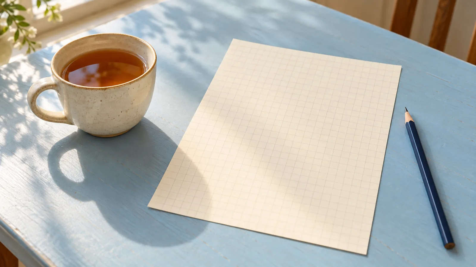 A cup of tea, a navy pencil and blank grid paper on a pale blue table