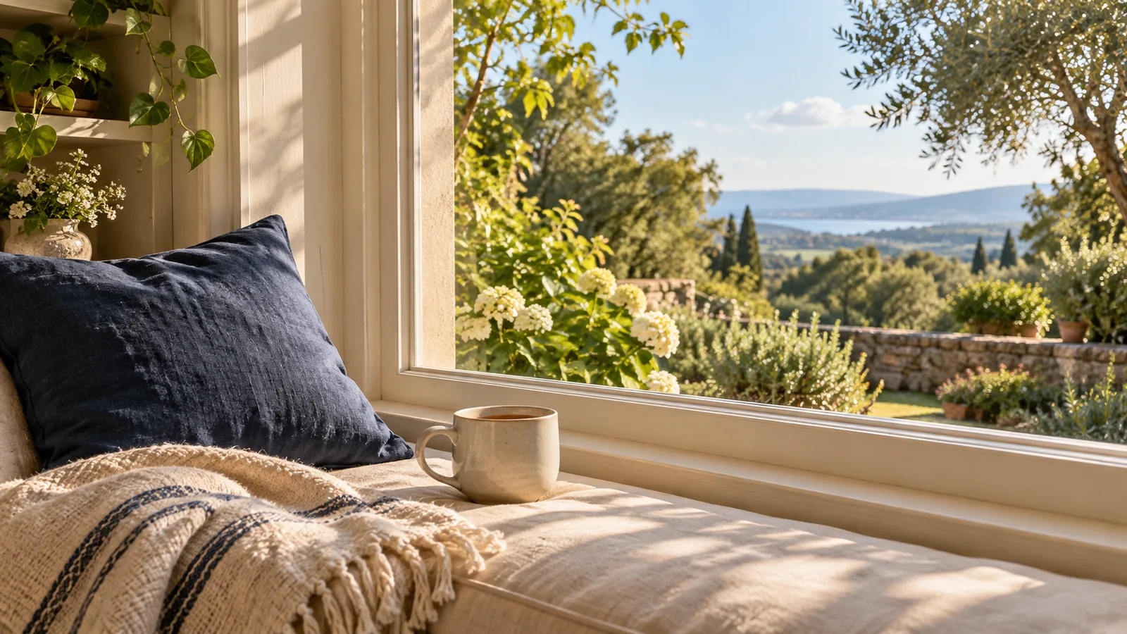 A cosy window seat with a cup of tea and a navy cushion looking out at a green garden