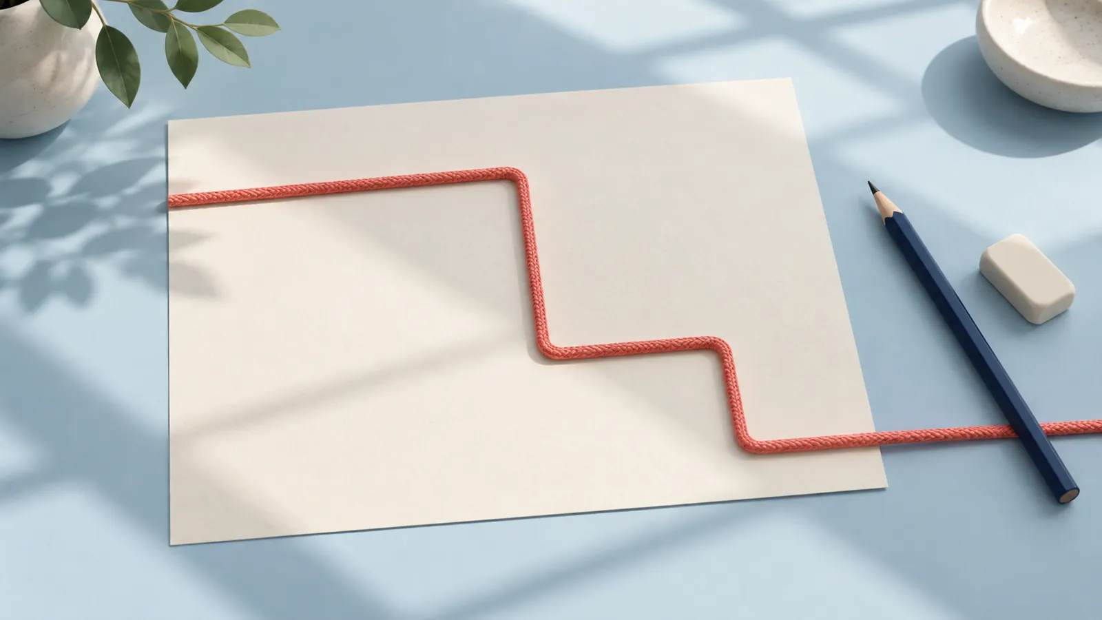 A coral rope laid in a stepped path across a sheet of cream paper on a pale blue table, with a navy pencil and an eraser, like a number line puzzle solved by hand