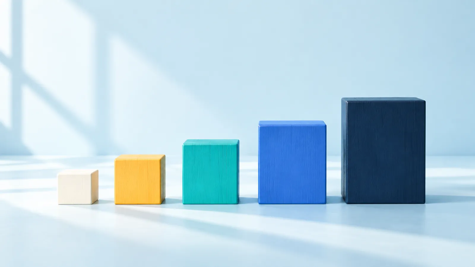 Five wooden blocks in a row growing from small to large, cream, yellow, teal, blue and navy, on a pale blue surface, like Linelet puzzle levels getting harder