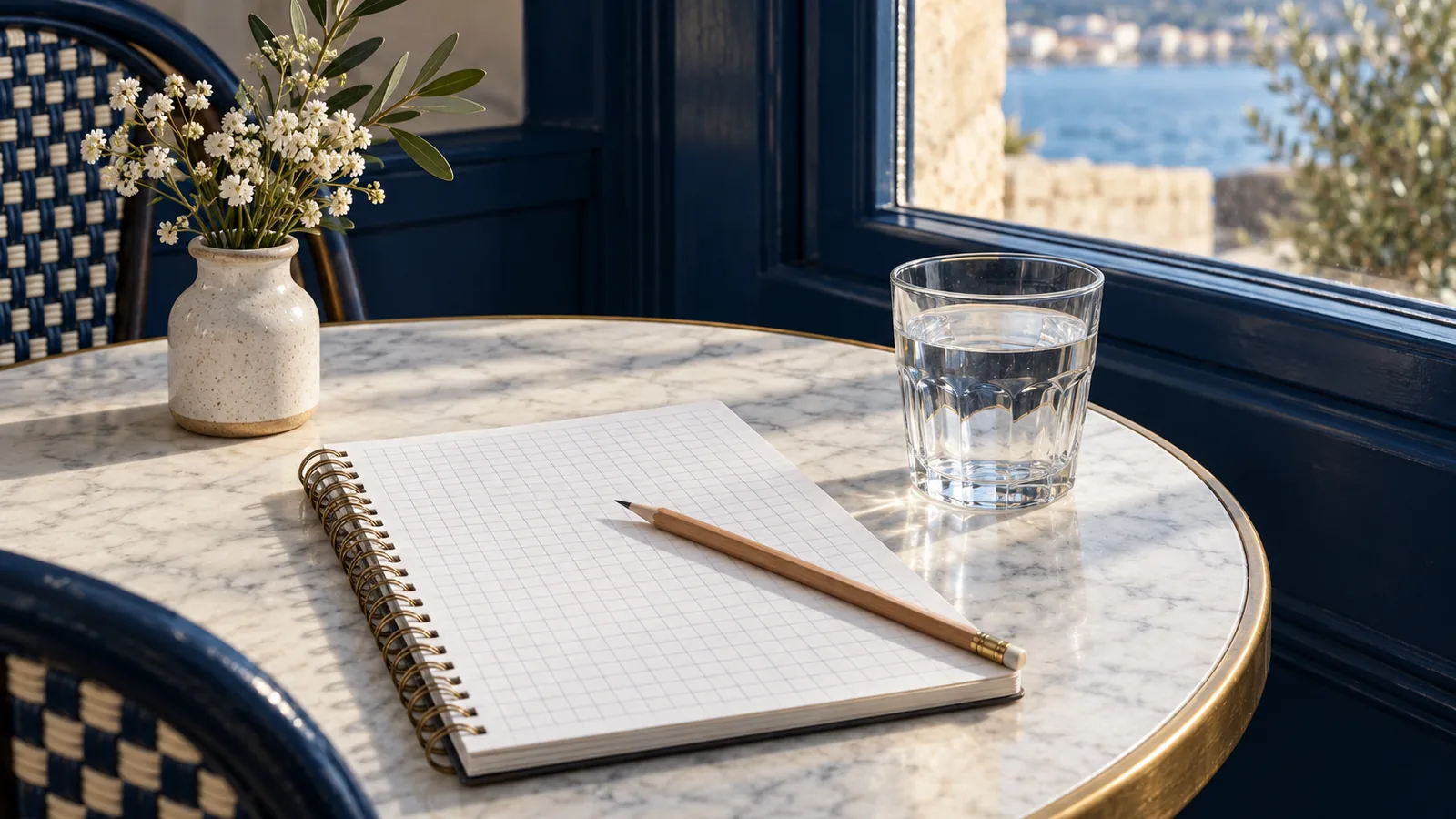 A notebook with a blank printed grid and a pencil on a café table beside a window