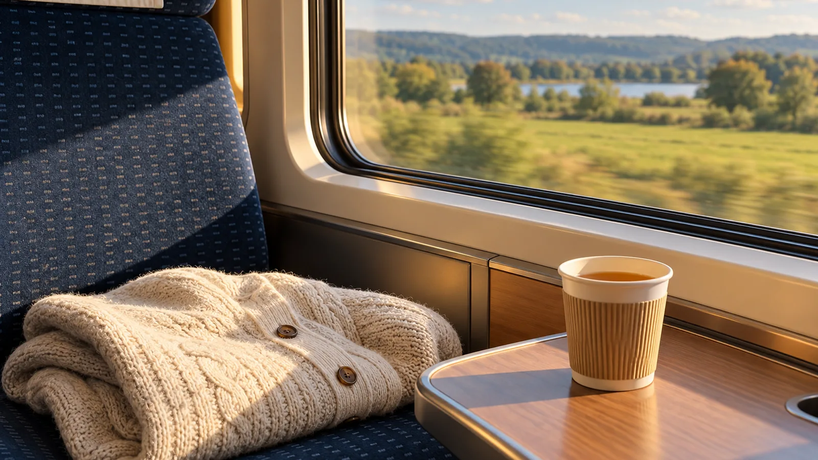 A folded cardigan and a paper cup of tea on a train seat beside a window in afternoon light