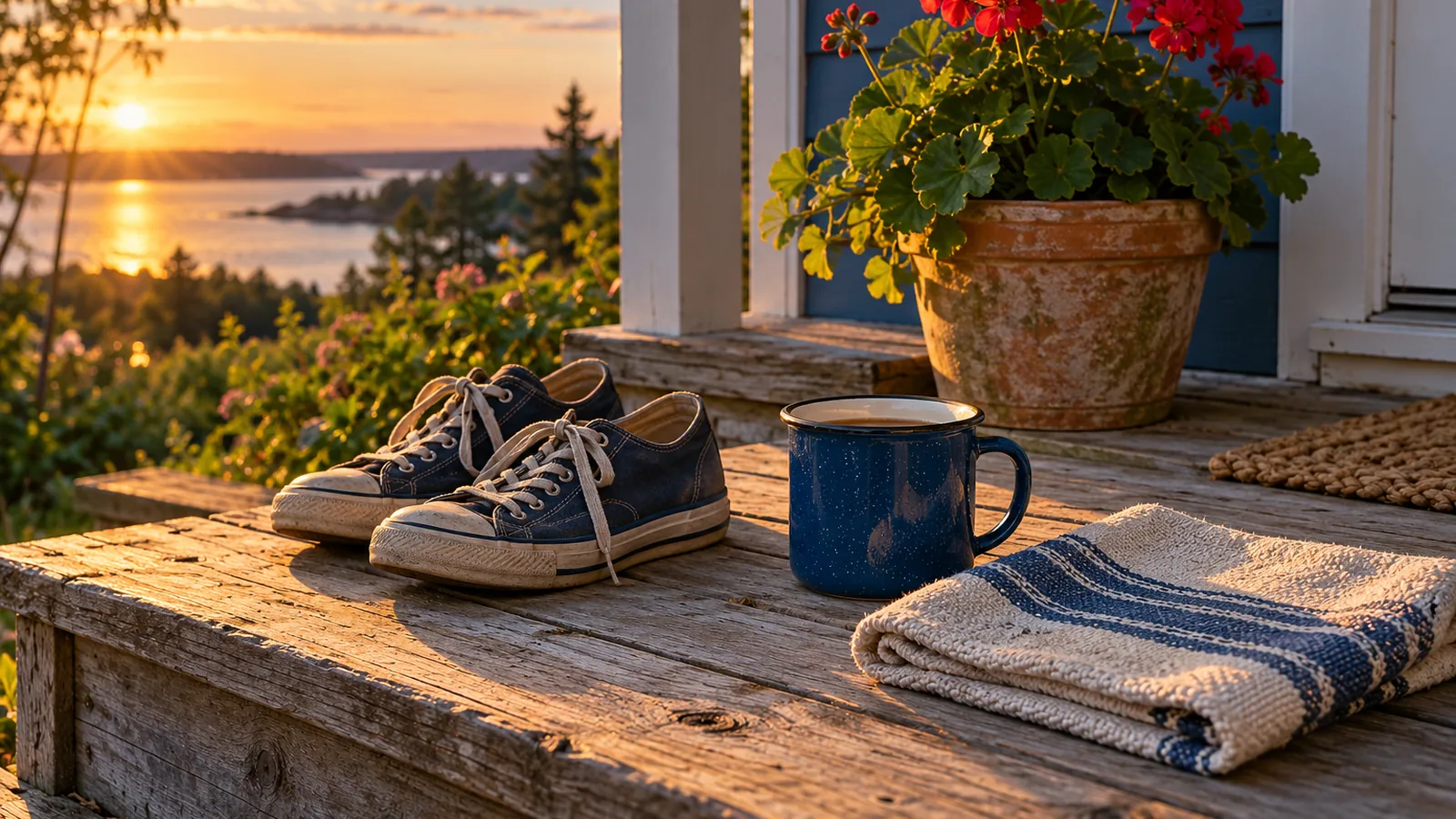 A porch step with canvas shoes, a blue enamel mug, a folded tea towel and a potted geranium in evening light