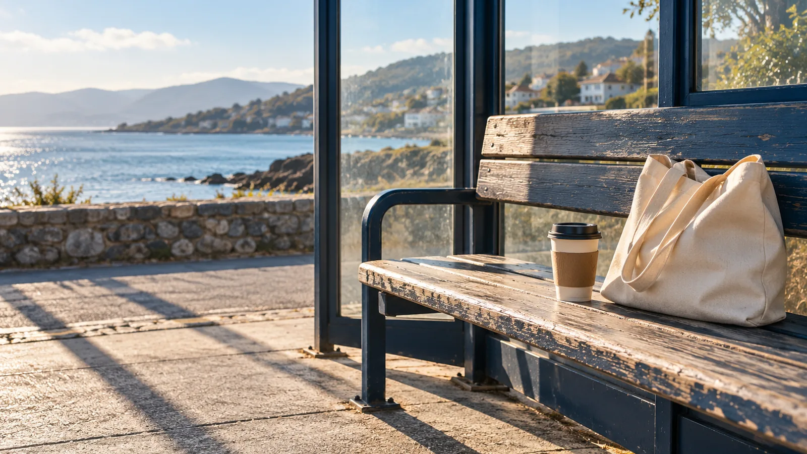 A wooden bench in a bus shelter in morning light with a coffee cup and a canvas tote bag on the seat