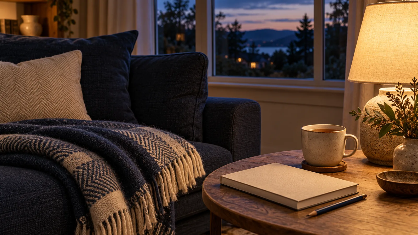 A sofa corner with a folded blanket, a lamp, a closed puzzle book and a mug of tea in the evening