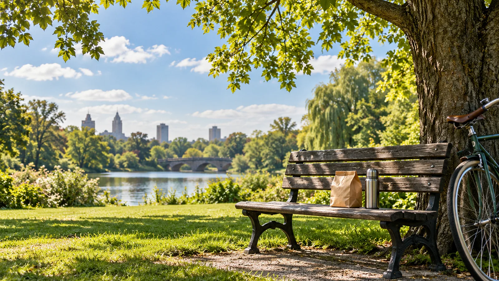 A park bench at lunchtime with a paper lunch bag and a flask, sunlight through the leaves