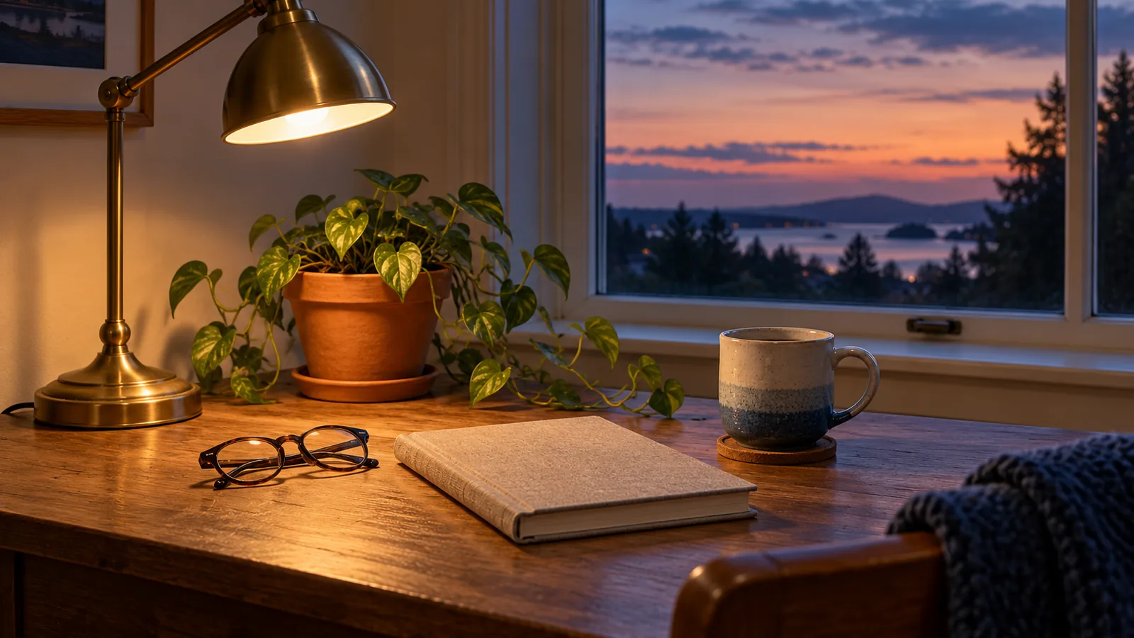 A wooden desk with a glowing brass lamp, reading glasses, a trailing plant, a mug and a closed notebook at dusk