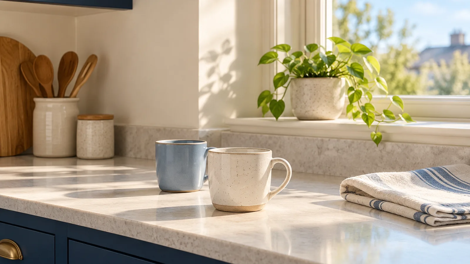 Two ceramic mugs on a kitchenette counter beside a potted plant and a folded tea towel in mid-morning light