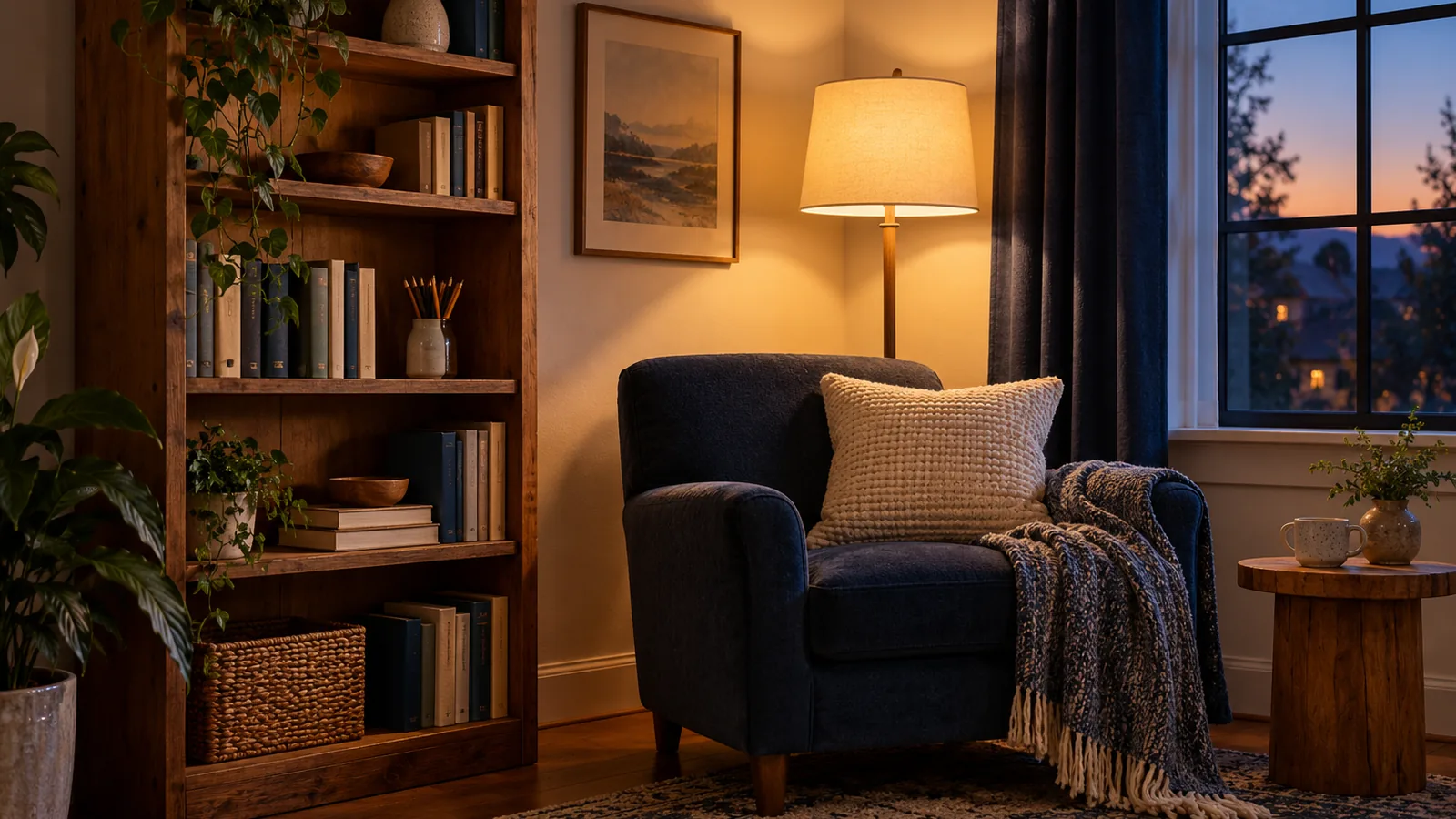 A reading nook with a bookshelf, a jar of pencils, an armchair and a glowing floor lamp in the evening