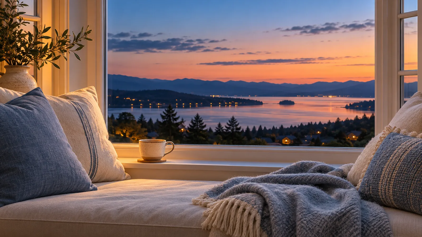 A window seat with cushions, a folded blanket and a cup of tea at dusk