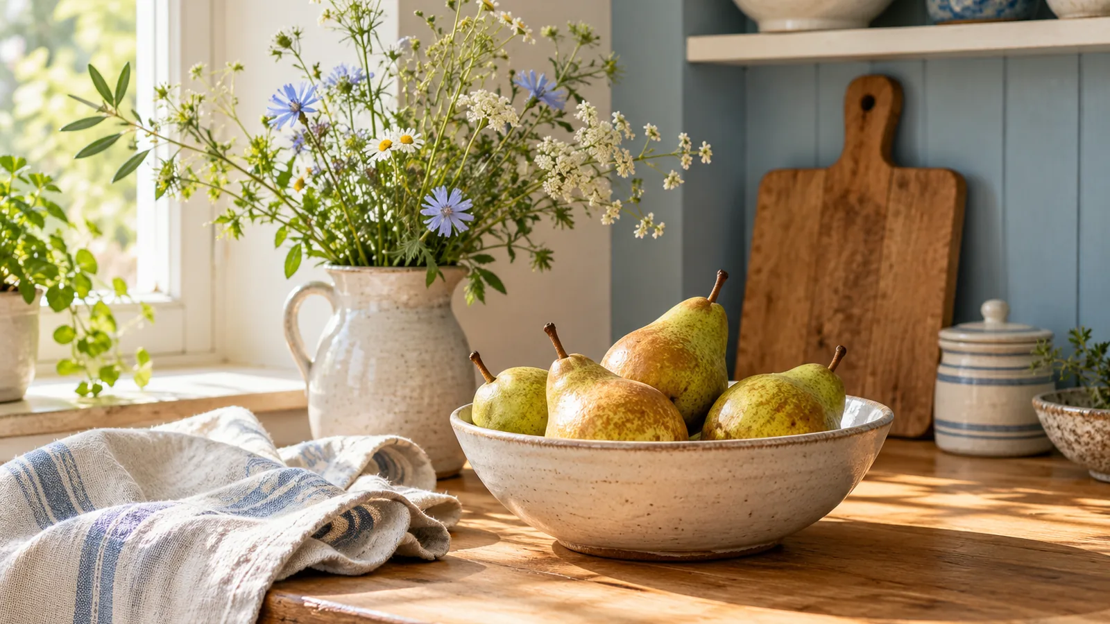 A kitchen counter with a bowl of pears, a linen tea towel and a jug of wildflowers in late morning light