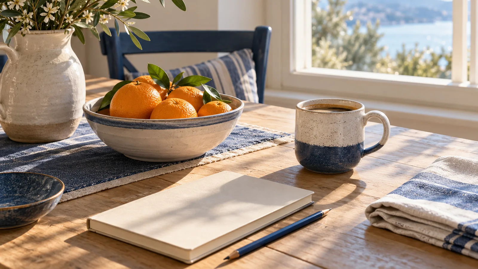 A breakfast table with a mug of coffee, a bowl of oranges, a pencil and a notebook in soft morning light