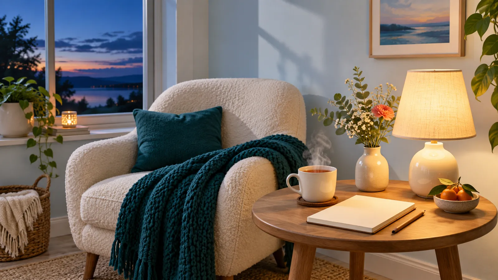 A quiet spot for logic puzzles: a cosy cream armchair with a teal throw beside a small round wooden table with a lamp, a cup of tea and a blank notebook, evening light at the window