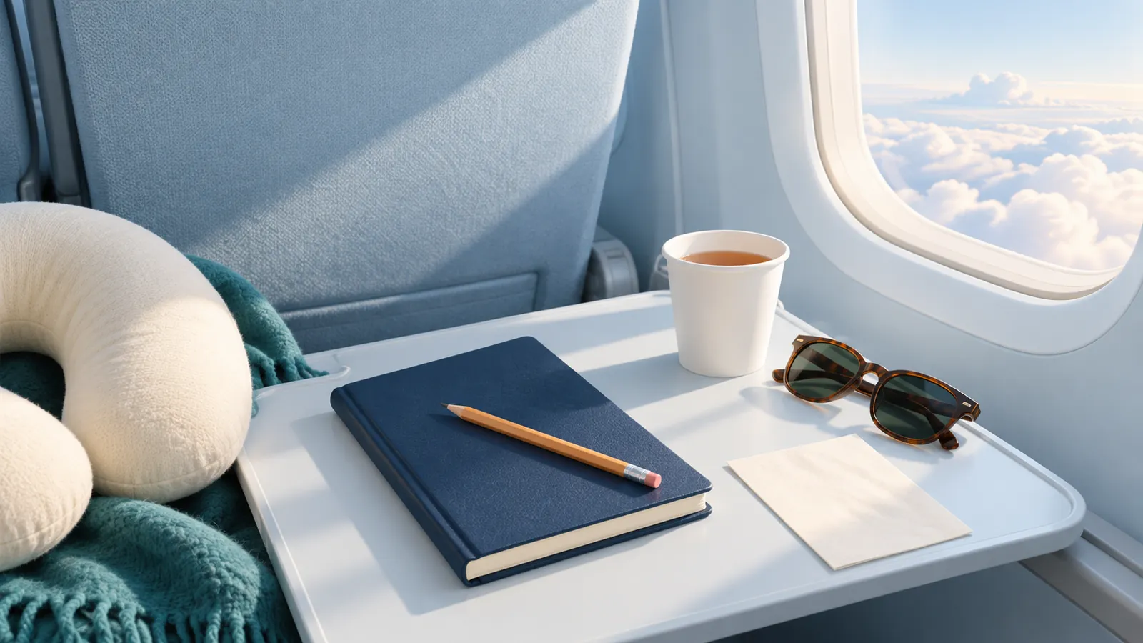 Set up for offline puzzle games on a flight: a navy notebook with a pencil, a paper cup of tea, sunglasses and a napkin on an airplane tray table by a window over the clouds, with a cream neck pillow and teal blanket on the seat
