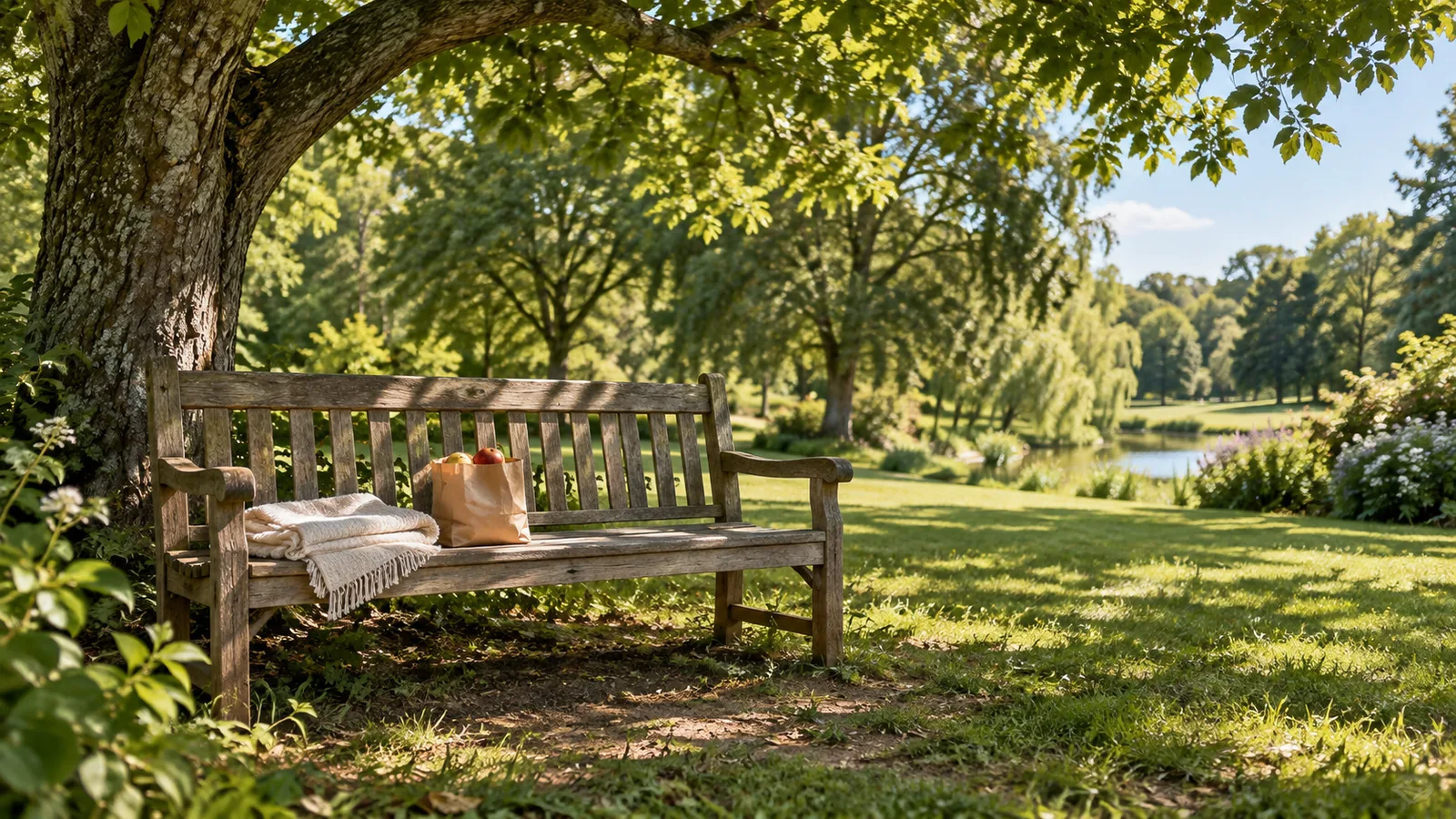 An empty garden bench under a leafy tree in dappled light, a calm spot to sit and think.