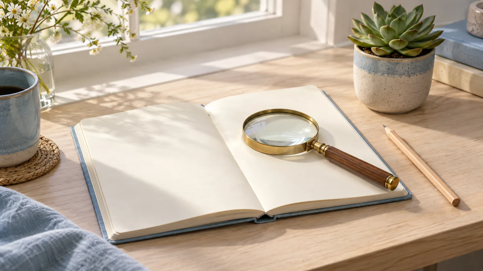 A magnifying glass resting on a blank notebook beside a pencil on a pale wooden desk.