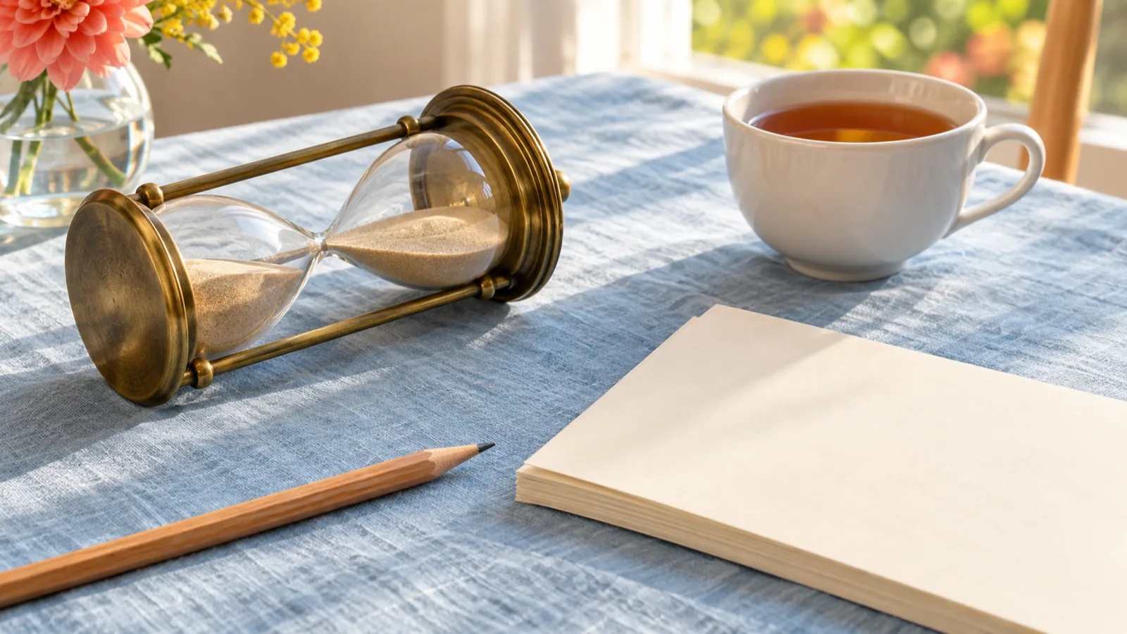 An hourglass lying on its side on a pale blue tablecloth, its sand at rest, beside a cup of tea and a pencil