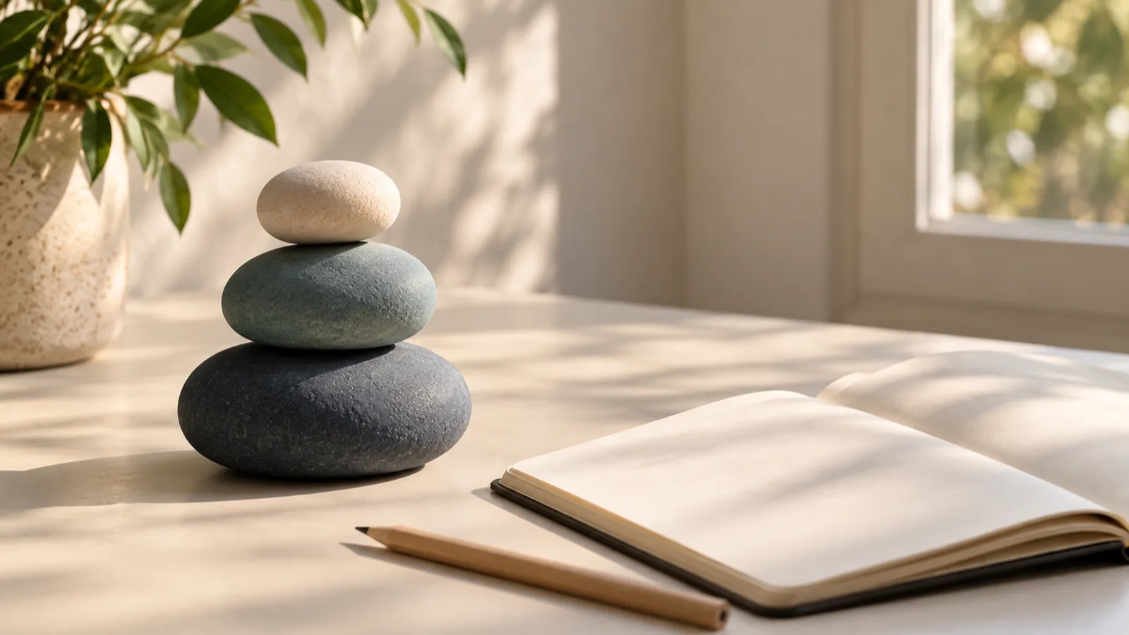 Three stacked stones in ascending size on a desk, echoing how difficulty is measured in puzzles that always feel fair.