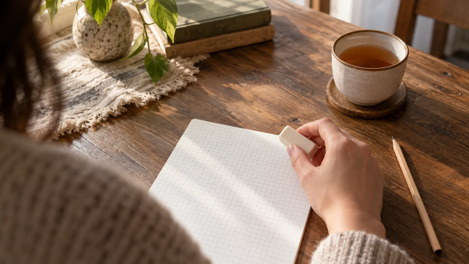 A hand erasing a mark on grid paper beside a pencil and tea, a moment of reconsidering a puzzle move.