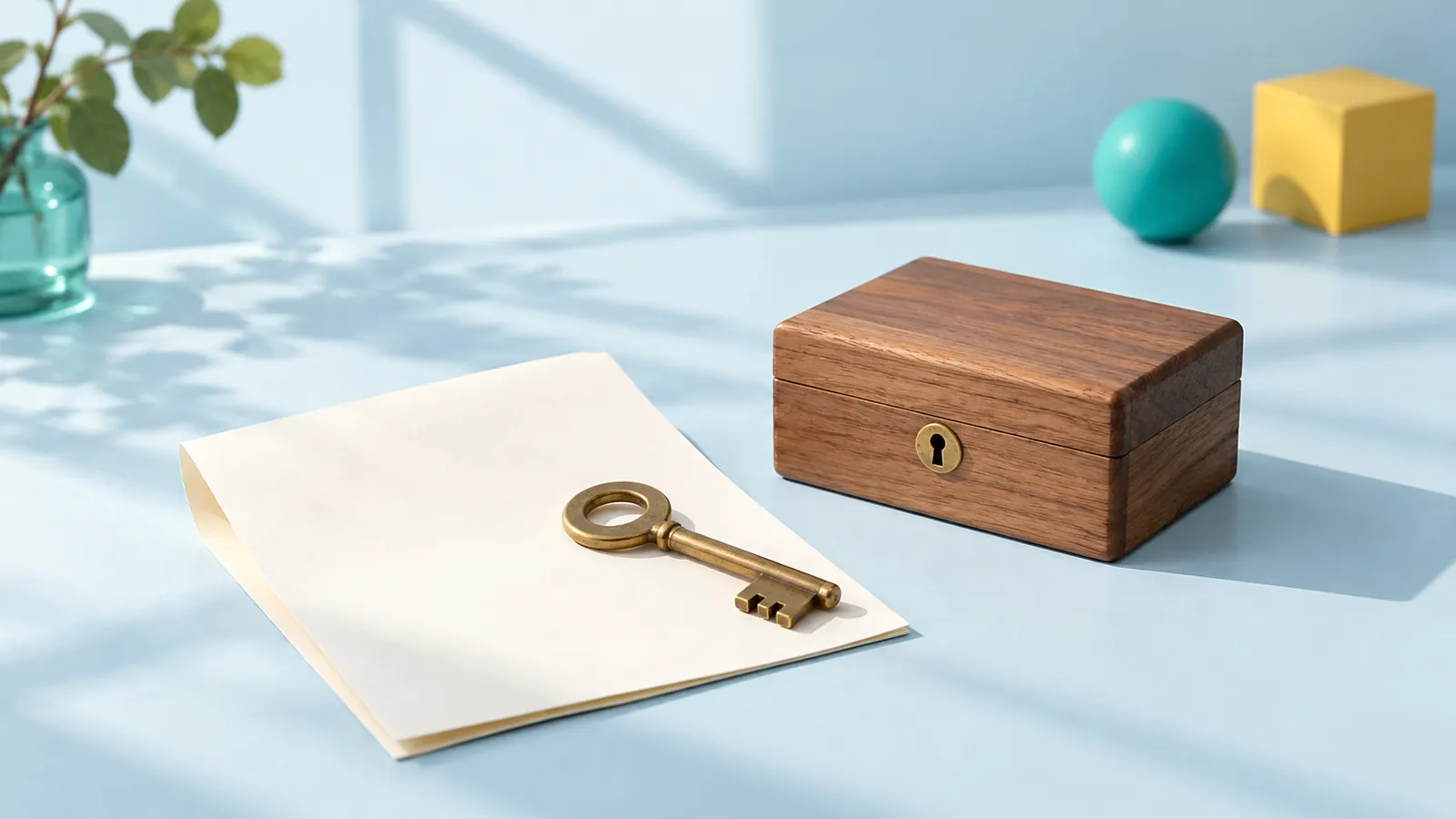 One key for one keyhole, like puzzles with one solution: a brass key on cream paper beside a small wooden box, with a teal ball and a yellow block behind