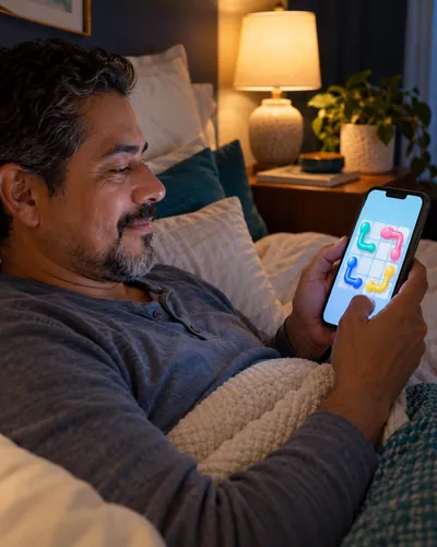 A man in a lamp-lit bedroom playing Linelet on his phone before sleep
