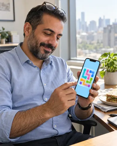 A man on his lunch break at an office desk, smiling at a Linelet puzzle on his phone