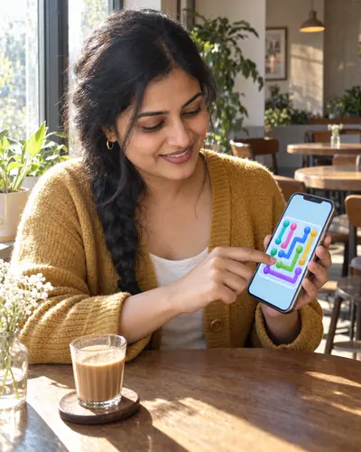 A woman at a sunny cafe table with a glass of chai, drawing a line on a Linelet board on her phone