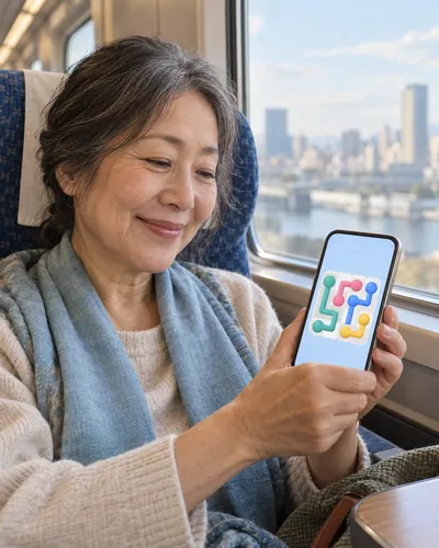 An older woman on a sunny train smiling at a solved Linelet board on her phone