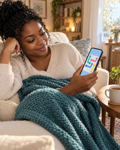 A woman curled up on a sofa under a teal blanket, playing Linelet with a mug of tea nearby