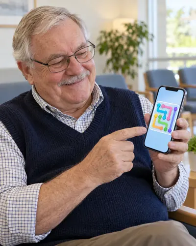 An older man with reading glasses solving a Linelet board in a bright waiting room
