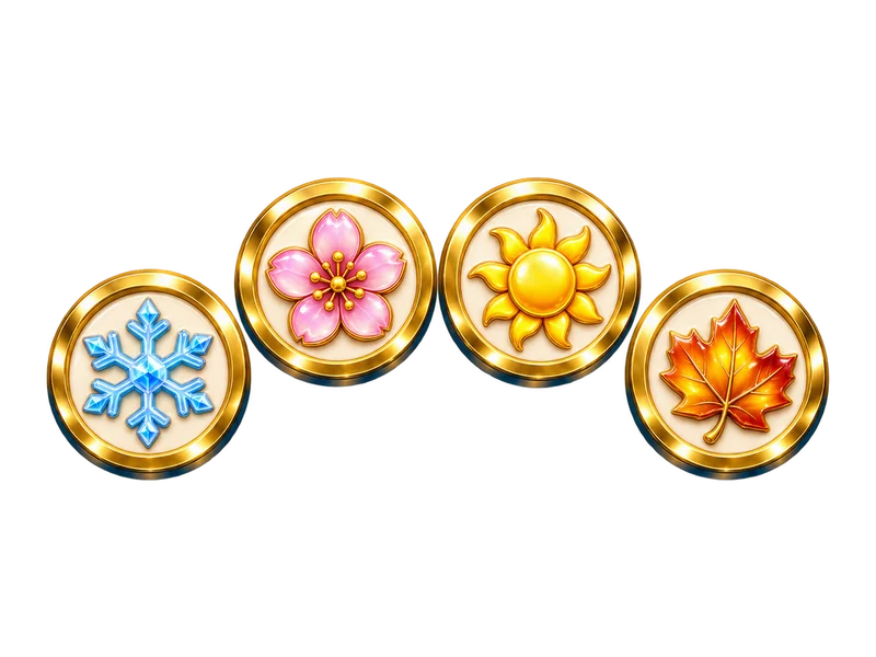 Four season seals: a snowflake, a blossom, a sun and an autumn leaf