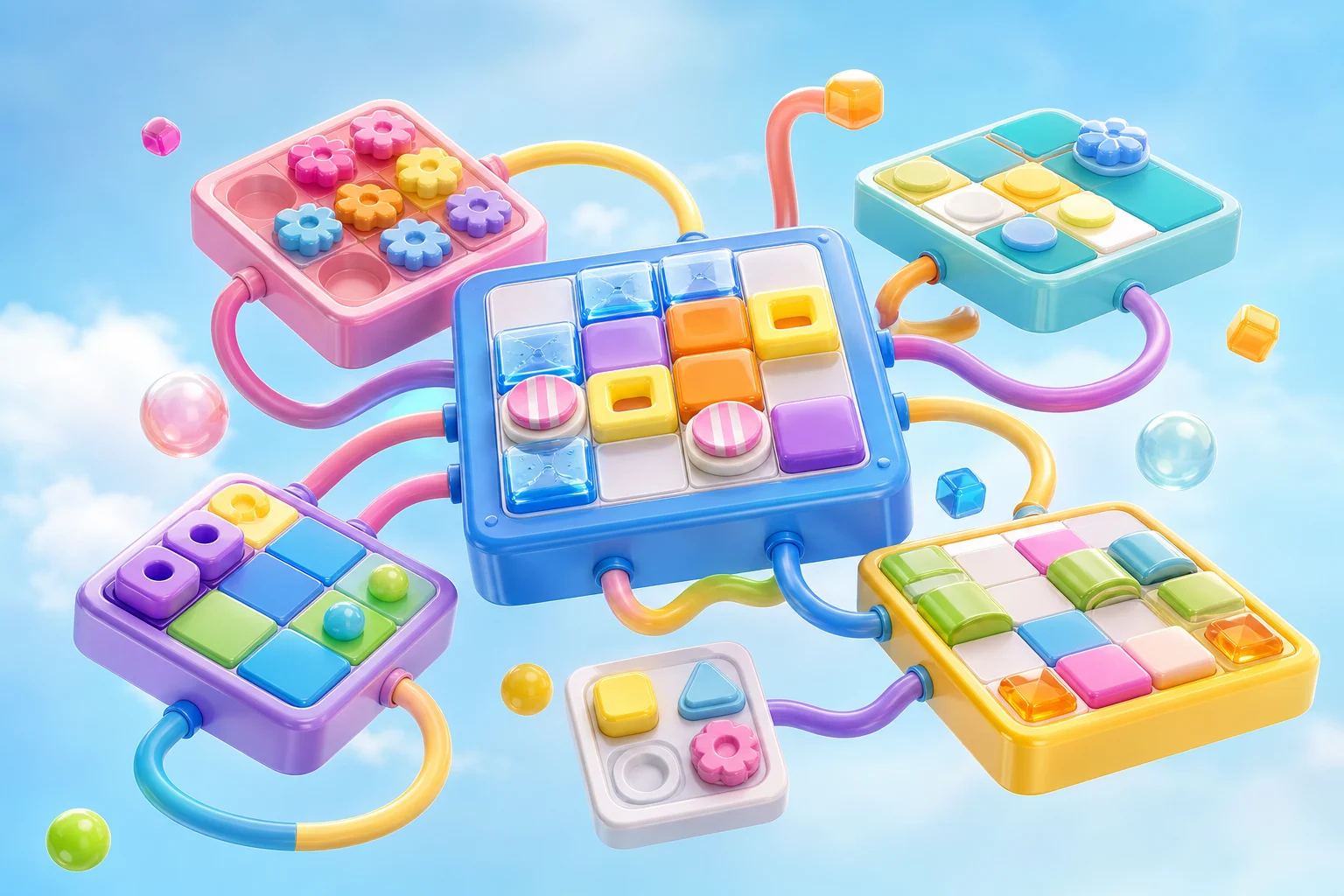 Floating candy-coloured puzzle boards joined by arcing tubes against a pale blue sky