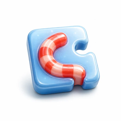 A glossy rounded puzzle tile with one candy-like tube curving across it