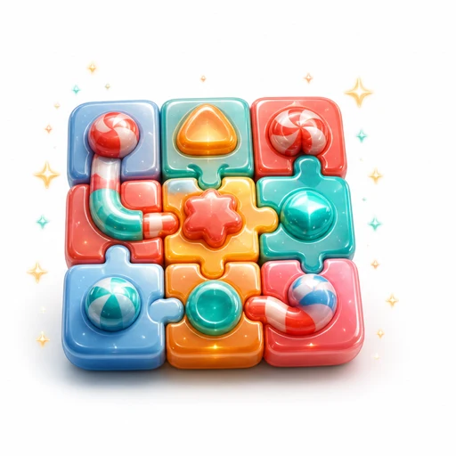 A completed candy-coloured puzzle board sparkling in celebration